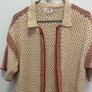 The Upside Crochet Open-Front Shirt Jacket in Cream with Rose Accents